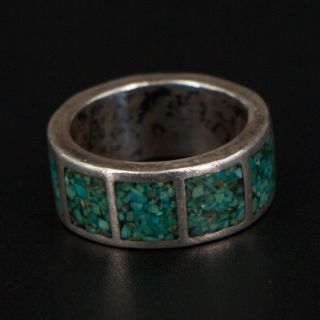 Vtg Sterling Silver - Navajo Crushed Turquoise Inlay Band Ring Size 4 - 5g