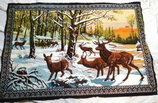 Vintage Wall Tapestry Deer In Winter Woodland Scene 56 " X 38 " Wall Hanging Old