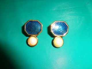 Vintage Monet Goldtone Blue Enamel Faux Pearl Clip On Earrings