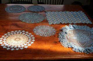 Vintage Seven Hand Crocheted Doilies Blue And White