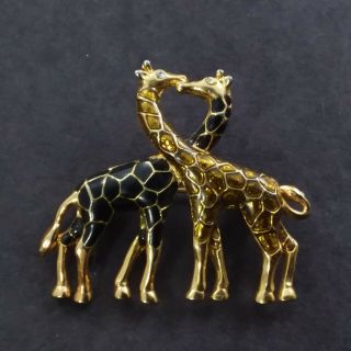 Vintage Hugging Giraffe Duo Brooch Pin Rhinestone Enamel Jewelry