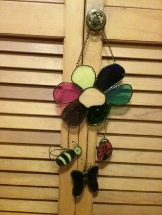 Vintage Stained Glass Suncatcher Flower Butterfly Bee Ladybug,  Over 10 In Long