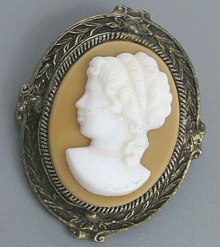 High End Vintage Jewelry Stacked Victorian Style Cameo Brooch Pin Rhinestone Los