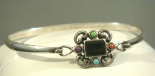 Vintage SOUTHWEST Style STERLING SILVER & Multi - Stone Hinge BANGLE Bracelet 2