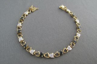 Vintage Ross Simmons Gold Wash Sterling Diamond Sapphire Heart Tennis Bracelet