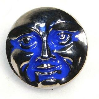 Antique Vtg Button Blue Glass Moon Face W Silver Luster Paint 11/16 A10