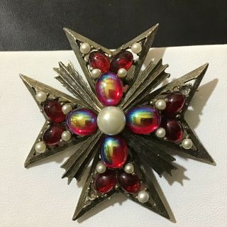 Vintage Weiss Maltese Cross Brooch Pendant Dragons Breath Glass Cabs & Pearls