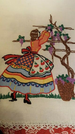 Vintage dresser scarf/table runner,  color - tint,  hand embroidered lady w/flowers 2