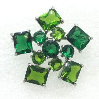 Vintage Flower Brooch Pin Square 2 Shades Green Open Back Glass Rhinestone