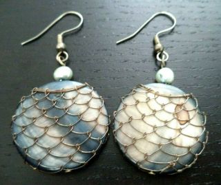Vintage Sterling Silver Wrapped Stone 2 1/8 " Pierced Earrings G738q