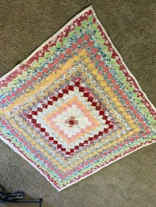 Vintage Lap Quilt Patched Hand Made Colorful Lap Blanket Hanging Art Old Fabric 2
