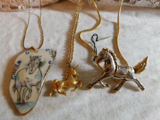 Vintage Set Of 3 Horse Pendant Necklaces 18k Gp,  Hand Painted,  Unicorn