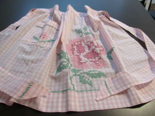 Vintage Handmade Pink White Gingham Half Apron W Pocket Cross Stitch Embroidery