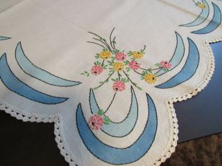 Vintage Linen Tablecloth Blue Tinted Floral Embroidery Crochet Edge 37 " Square