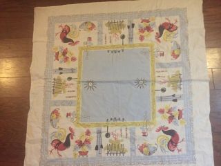 Vintage Mid Century Tablecloth Rooster & Kitchen Tools Light Weight Cotton Exc