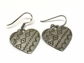Vintage Navajo R.  Coriz Stamped Sterling Silver Heart Dangle Earrings