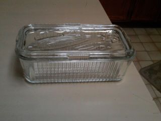 Vintage Federal Clear Ribbed Glass Refrigerator Dish W/ Vegetable Embossed Lid