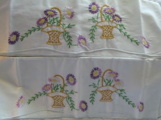 Pr Vintage Cotton Pillowcases W Embroidered Flower Baskets Purple Yellow