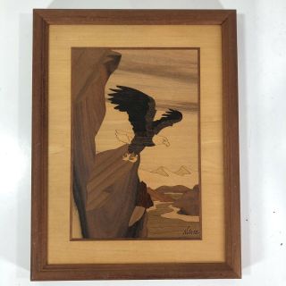 Vintage Hudson River Inlay Bald Eagle Exotic Marquetry Wood Art Jeff Nelson