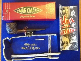 Vintage Marxman Carved Bowl Imported Briar Pipe W/ Box,  Booklet,  Bag & Tool