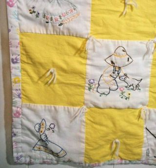 Vintage Needlepoint Handmade Holly Hobbie Baby Quilt 41 Inch X 49 Inch