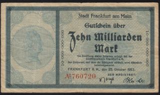 1923 10 Billion Mark Frankfurt Germany Old Vintage Emergency Money Banknote F