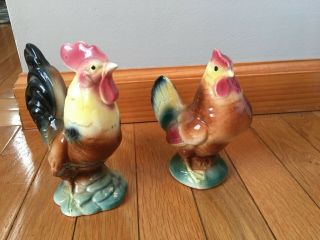 Set Of Vintage Hen & Rooster Ceramic Figurines 1950 