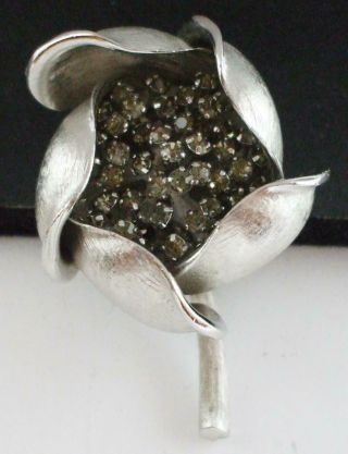 Lovely Vintage Unique Thick 3 - D Flower Pin Brooch W/gray Rhinestones,  Silvertone