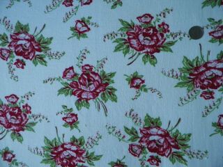 Vtg Feedsack Red Roses Green Leaf On White Cotton Dress Quilt Fabric 36.  5 " X 42 "