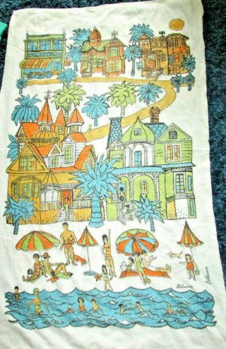 Vintage Beach Towel 60s Novelty Mod Retro Cotton Palms Houses People Colorful