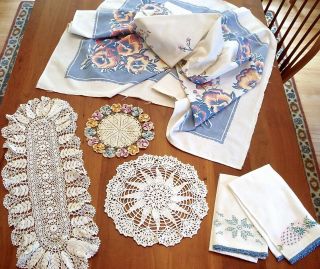 Vintage Table Linens Floral Print Tablecloth 62 " X48 " Huckcloth Towels Doilies