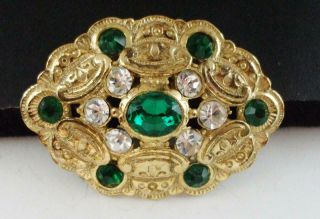Elegant Vintage Gold Tone Pin Brooch W/green & Clear Rhinestones