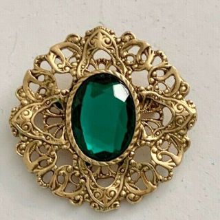 Vintage Gold Tone Emerald Green Rhinestone Brooch Pin Jewelry