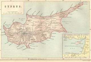 Vintage Map Of Cyprus - 1880 (scale Approx 18 Miles To The Inch)