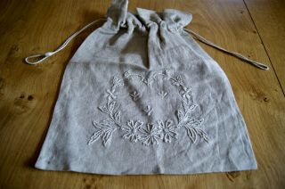 Vintage Natural Unbleached Ecru Linen Drawstring Bag Embroidered Floral Design