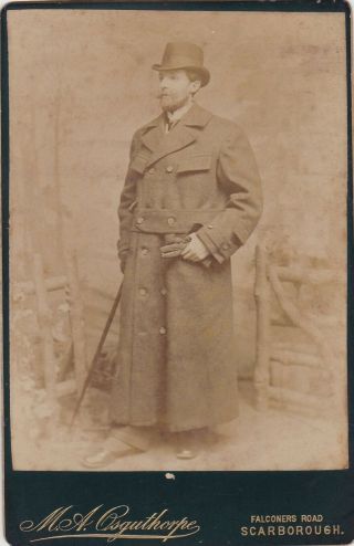 Vintage Cabinet Photo Man Long Coat Hat Scarborough Yorkshire Osguthorpe At2