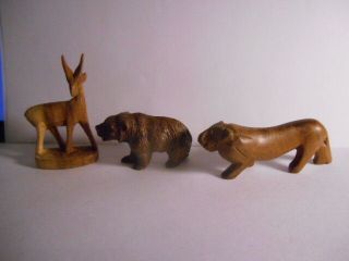 Vintage 3 Hand Carved Wooden Animals 2 1/4 " Deer - Bear - Lion Or Tiger Can Stand