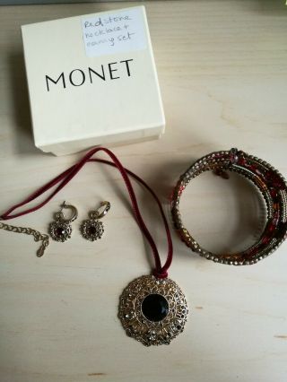 Monet Stamped Red Earrings Necklace Bracelet Cuff Box Crystals Vintage