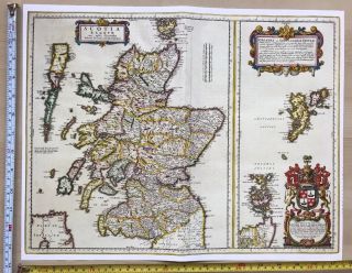 Historic Antique Vintage Old Tudor Blaeu Map Of Scotland 1654 1600 