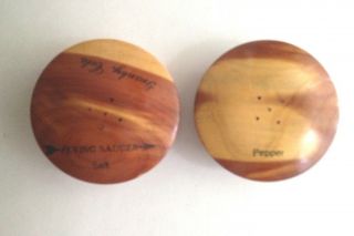 Vintage Wooden Salt And Pepper Shakers Flying Saucers Granby Colorado