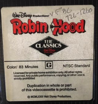 Vintage 1980’s DISNEY Robin Hood Betamax Cassette Movie Beta Video RARE 5