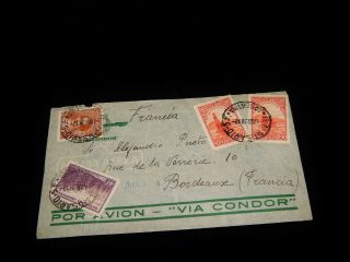 Vintage Cover,  Rosario,  Argentina,  1936,  Airmail " Via Condor ",  To Bordeaux,  France