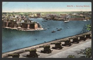 Malta.  Valletta.  Saluting Battery.  Vintage Printed Postcard By The Gran Studio