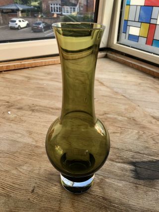 Vintage Riihimaki Olive Green Glass Vase Tamara Aladin Pattern 1371.  Chip On Lip