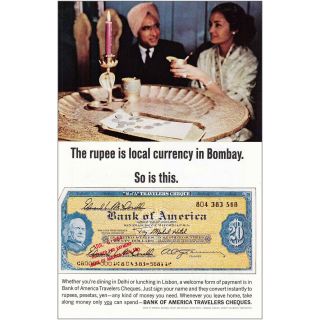 1965 Bank Of America Travelers: Rupee Is Local Currency Vintage Print Ad