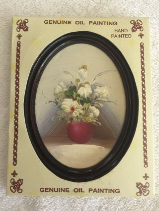Vtg Nos Handpainted Oil Painting - Small Oval Framed - White Flowers In Vase