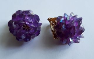 Pair Vintage 1960s Goldtone Clip - On Earrings.  Beaded Purple Pom - Pom.  Costume