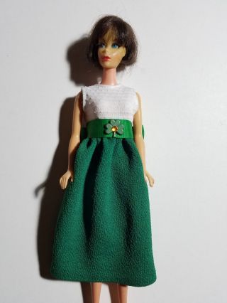 Barbie Size Vintage Handmade Green & White Print Dress - No Doll