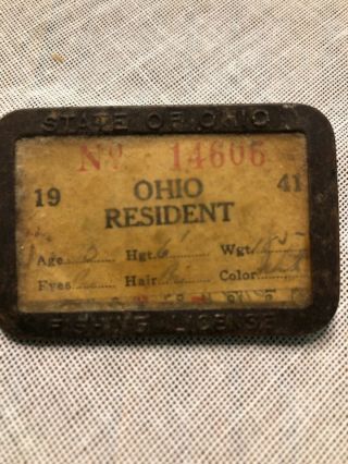 Vintage 1941 State Of Ohio Resident Fishing License W Pinback Badge