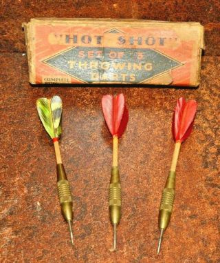 Vintage Hot Shot Set Of Darts With Feather Flights